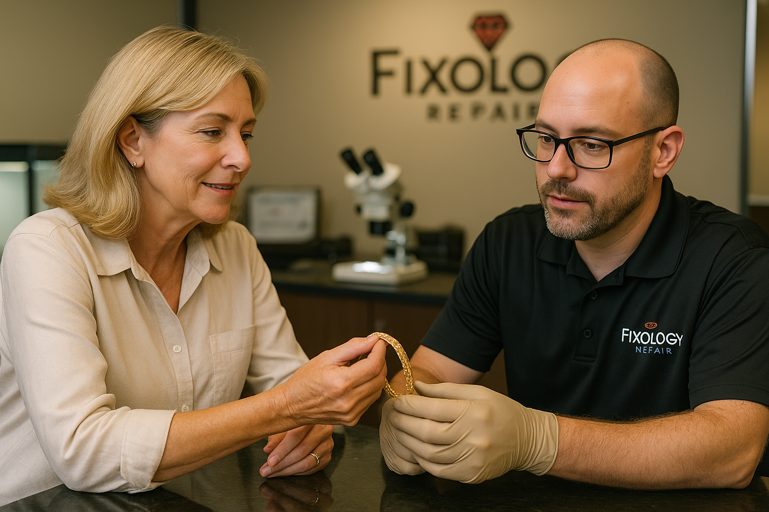 Customer at Fixology Repair in Jensen Beach FL receiving a consultation for gold bracelet repair