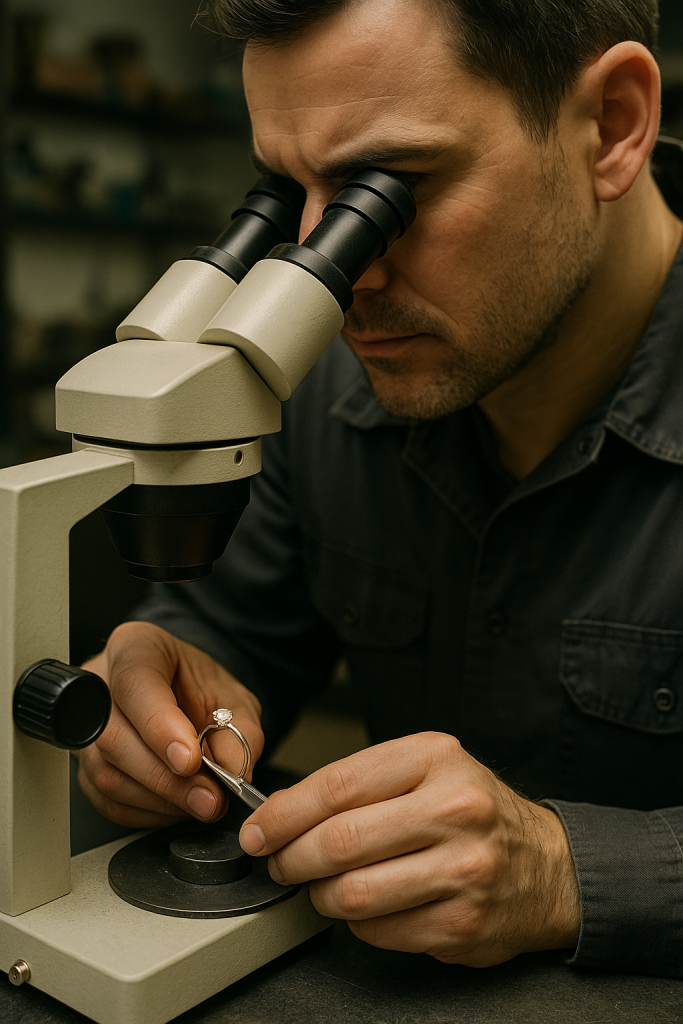 Diamond setting repairs Minneapolis jeweler inspecting prongs under magnification