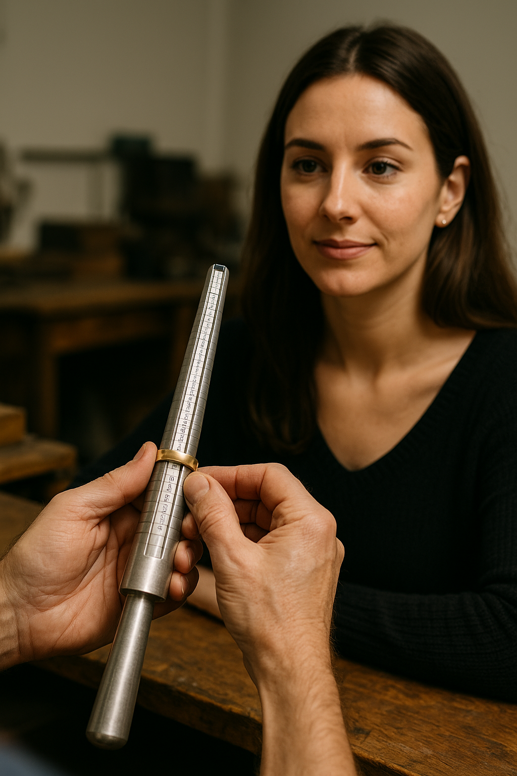 Jeweler using a mandrel to measure ring size in Minneapolis jewelry shop