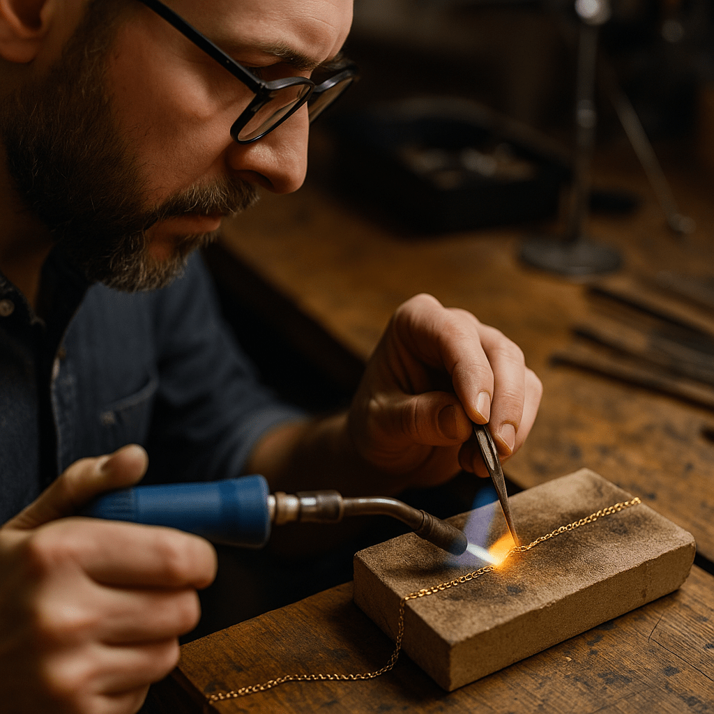 Jeweler soldering broken gold chain at Mall of America Fixology