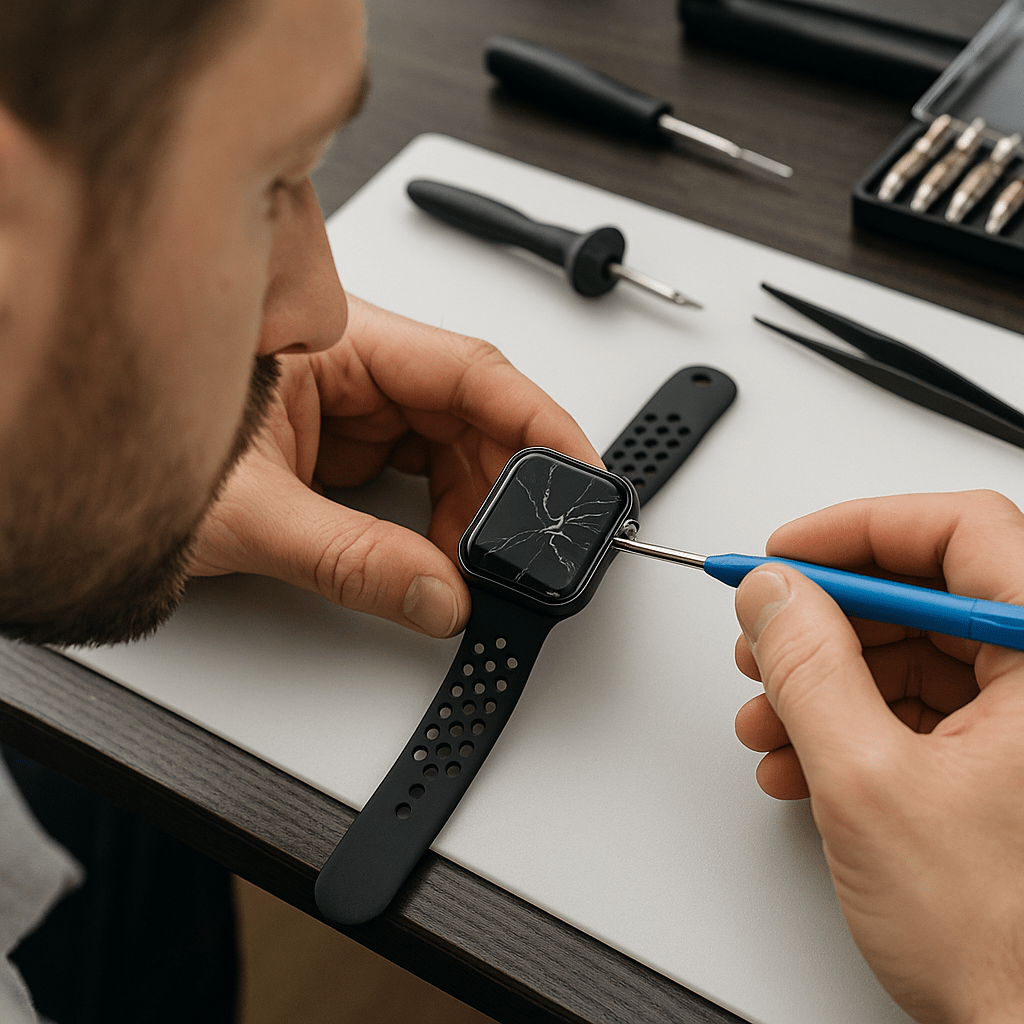Technician repairing cracked Apple Watch at Mall of America