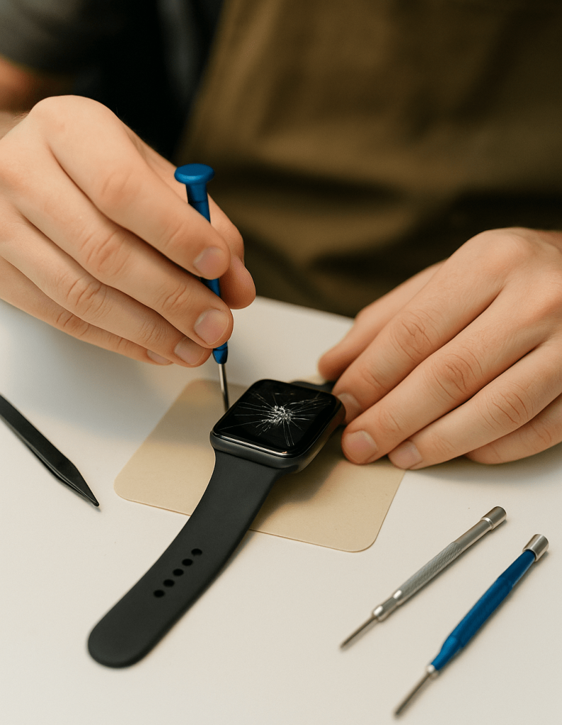 Technician repairing cracked smartwatch screen in Minneapolis