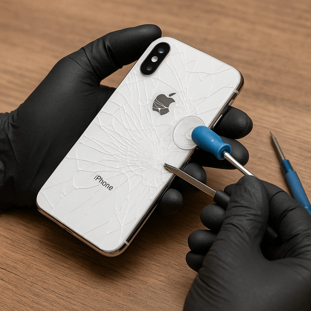 Technician repairing iPhone back glass in Minneapolis