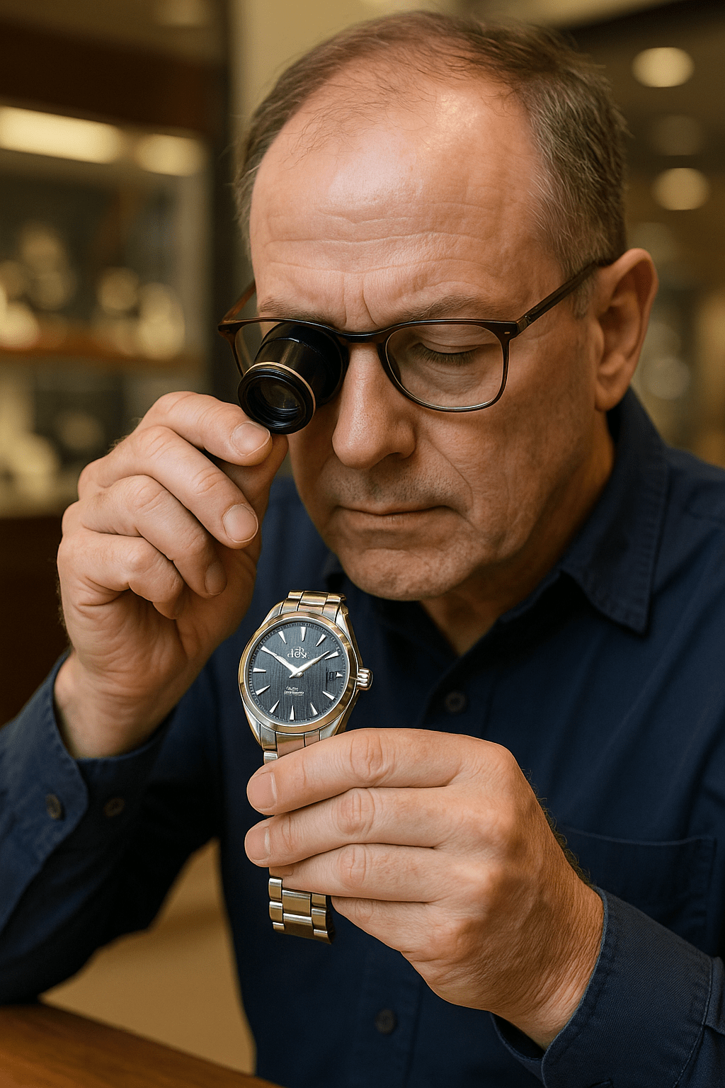 Watchmaker inspecting Omega with magnifier in Mall of America
