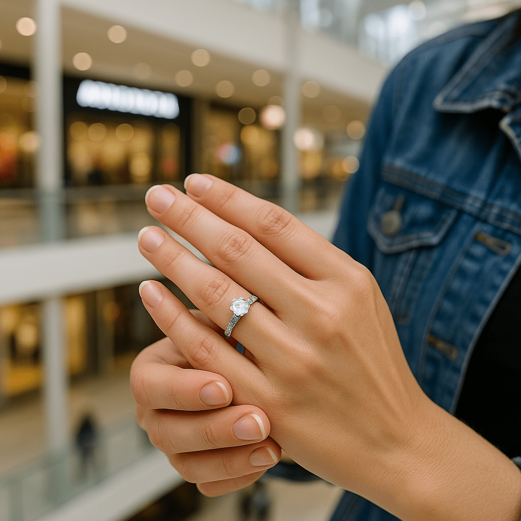 Customer checking fit after engagement ring repair Mall of America