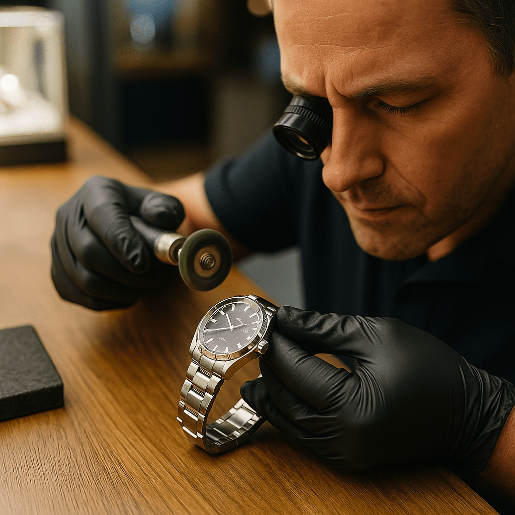 Technician polishing a stainless steel Rolex inside Mall of America