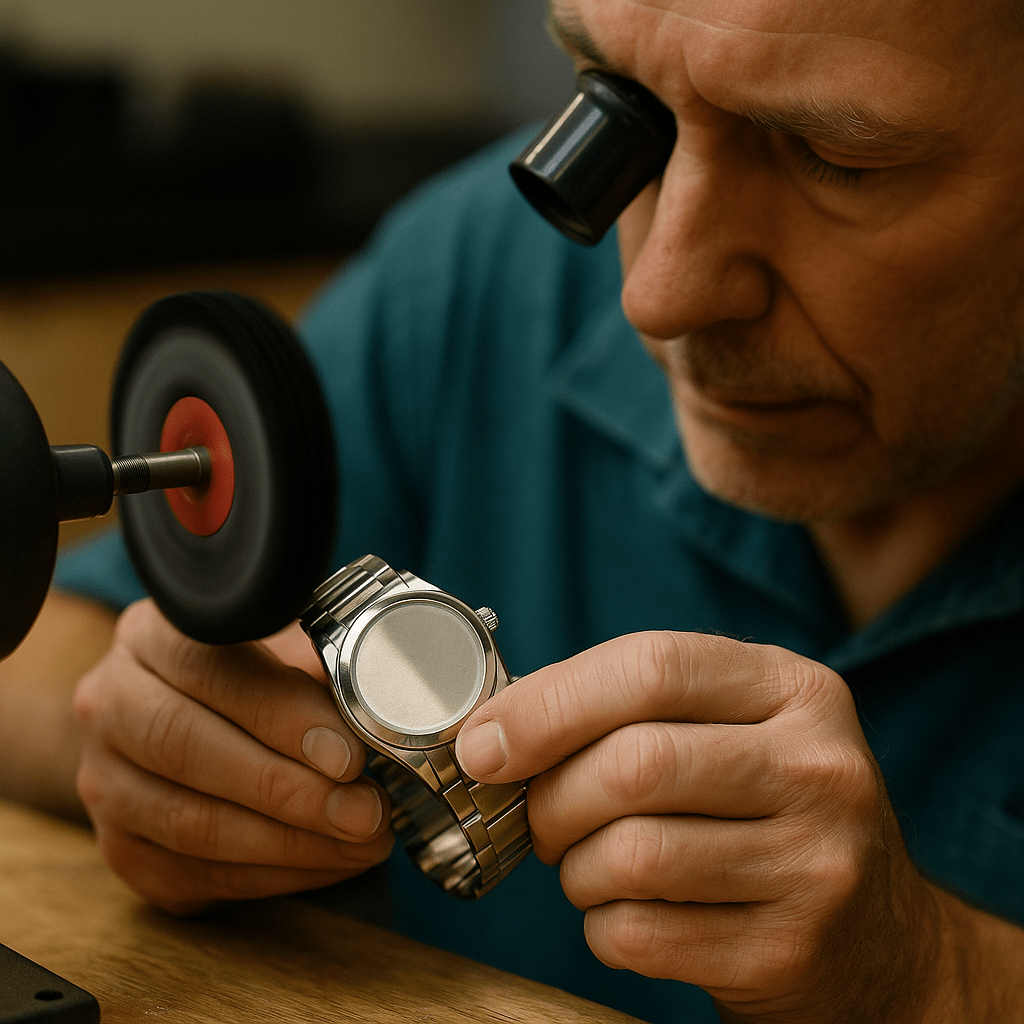 Technician polishing stainless steel watch in Jensen Beach