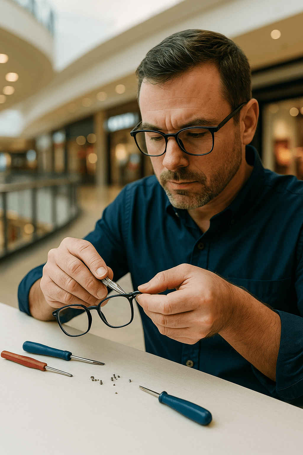 Technician adjusting eyeglass frames at a repair counter inside Mall of America in Bloomington MN