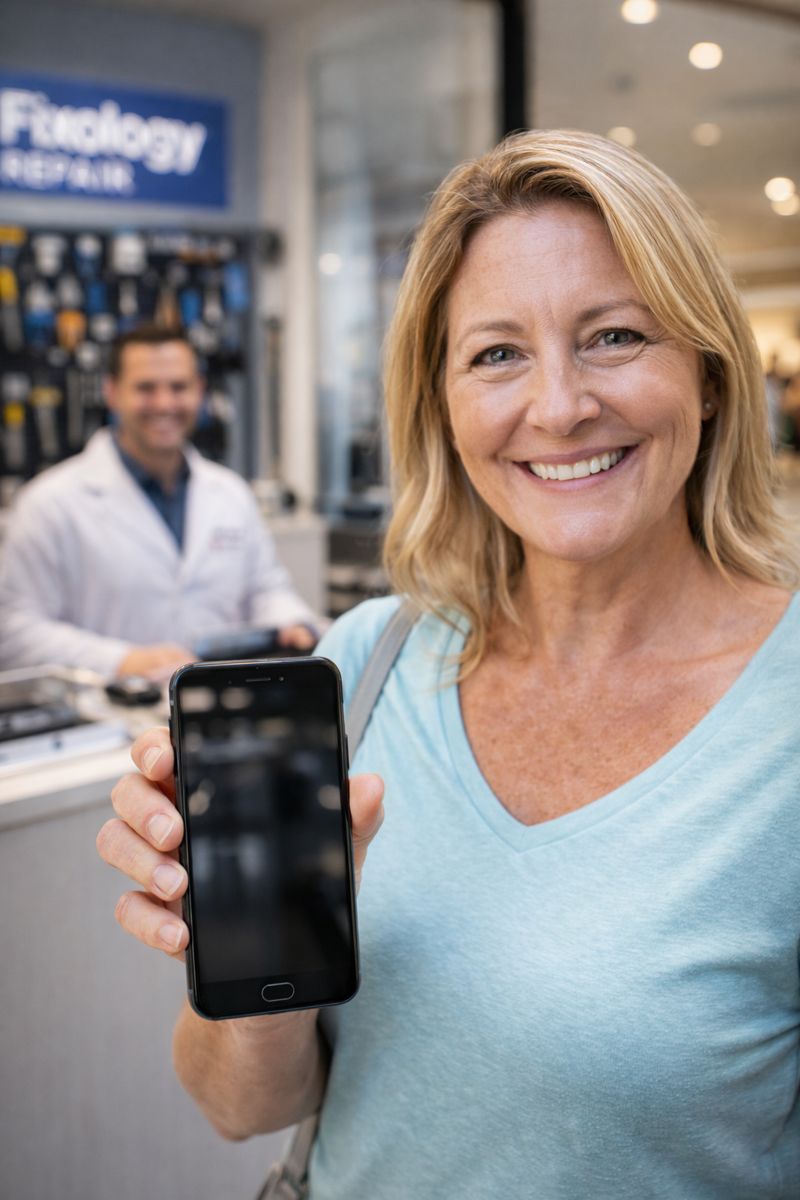 Customer relieved after successful smartphone water damage repair Jensen Beach FL at Treasure Coast Square