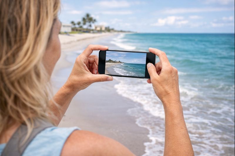 Customer taking clear beach photo after phone camera repair Jensen Beach FL