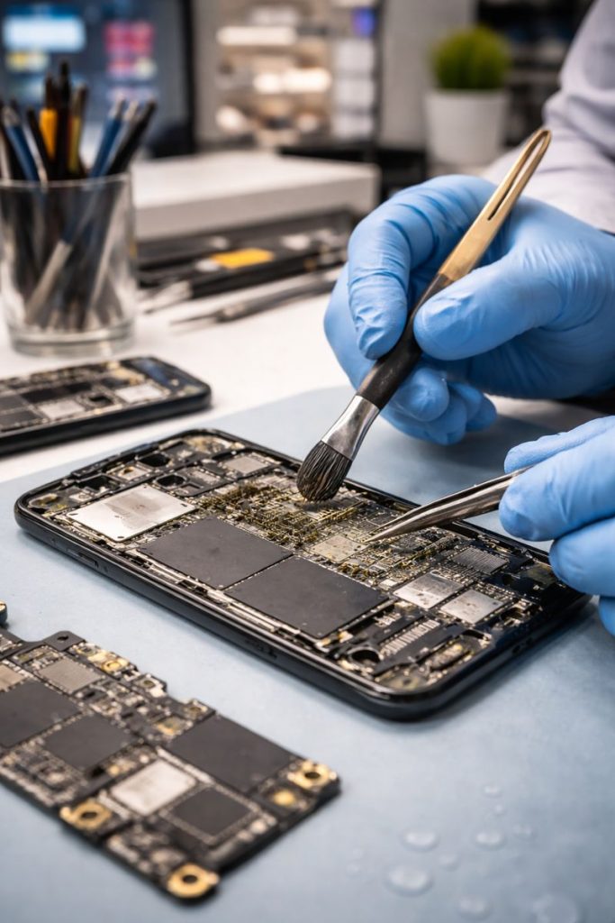 Internal cleaning during smartphone water damage repair at Mall of America