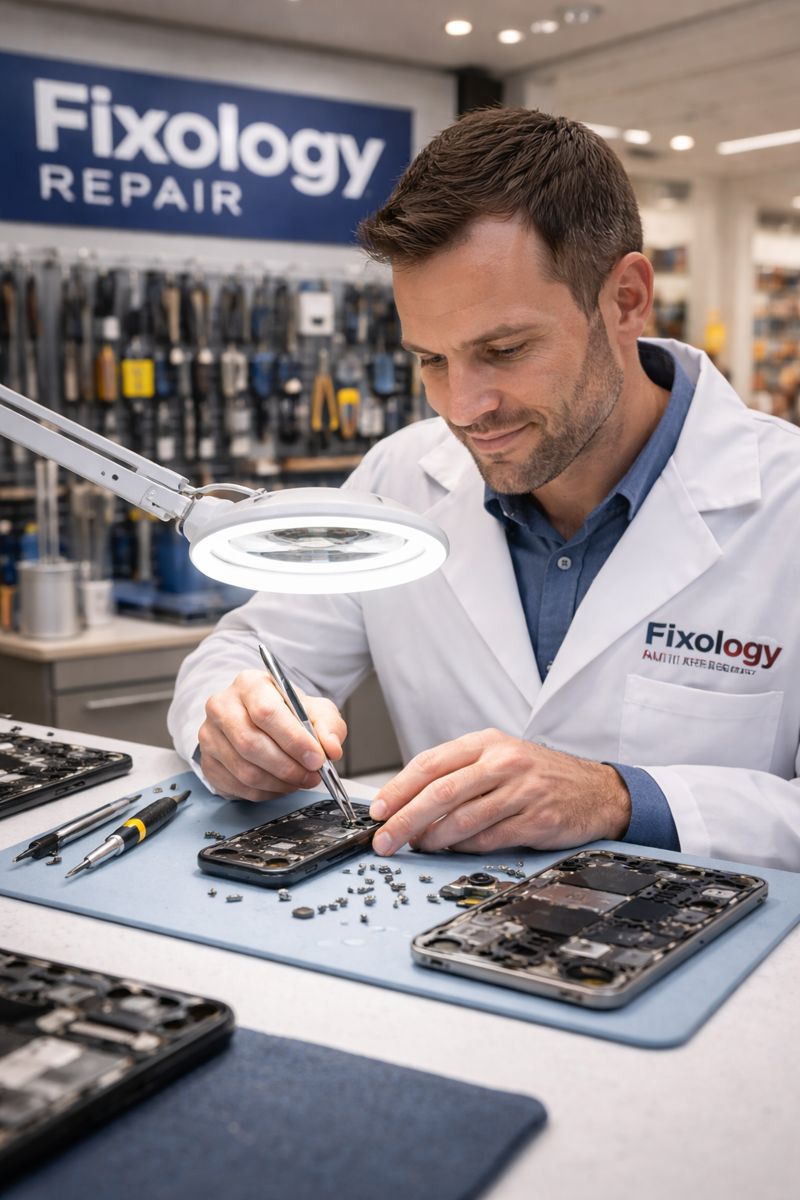 Technician performing phone camera repair Mall of America at Fixology Repair counter