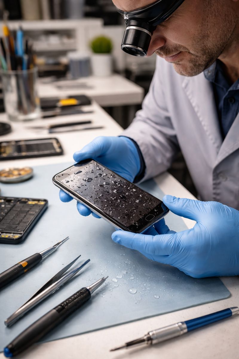 Technician performing smartphone water damage repair Minneapolis at Fixology Repair
