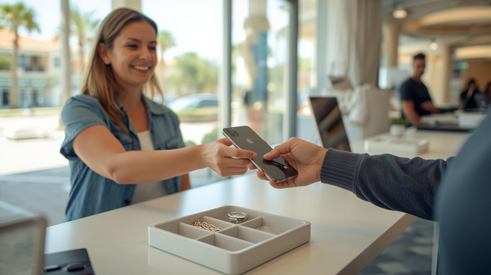 Customer picking up same day device repair Jensen Beach FL at Fixology Repair