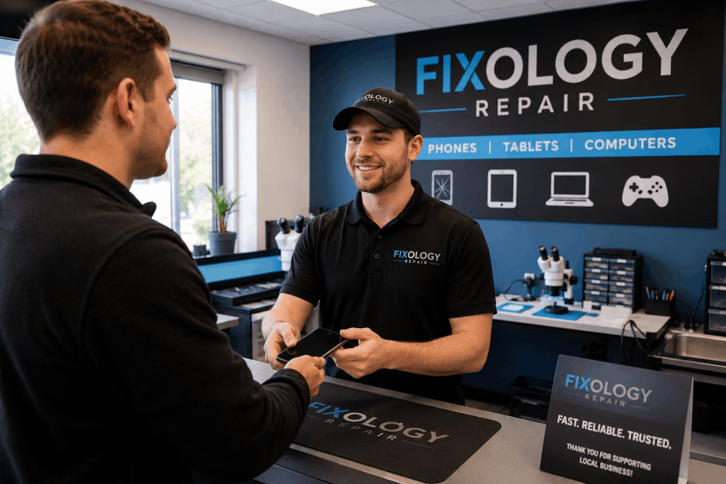 Customer receiving phone charging port repair Minneapolis MN service from Fixology Repair ()
