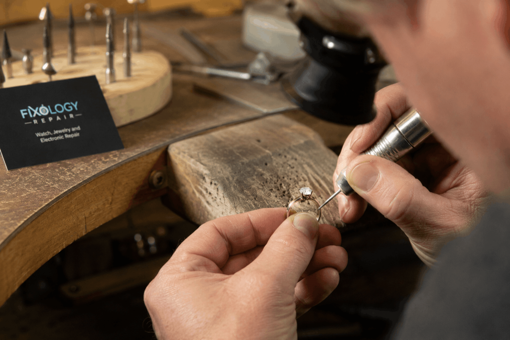 Jewelry repair in Minneapolis MN technician restoring a wedding ring ()