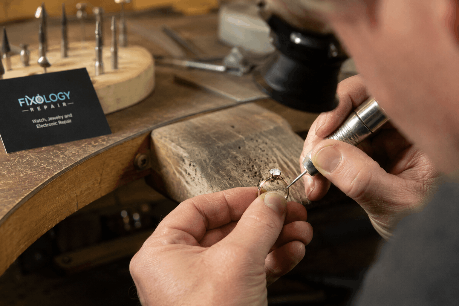 Jewelry repair in Minneapolis MN technician restoring a wedding ring ()