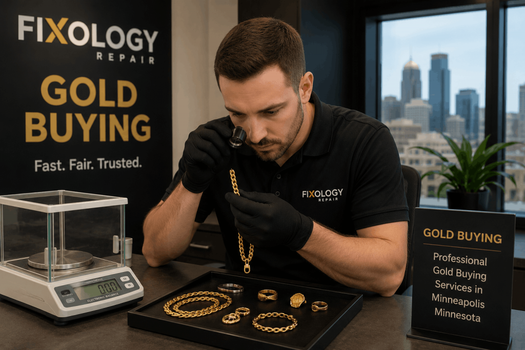 Staff evaluating gold jewelry Alt Text Professional gold buying services in Minneapolis Minnesota