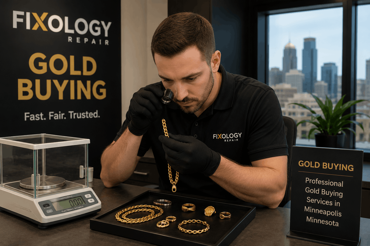 Staff evaluating gold jewelry Alt Text Professional gold buying services in Minneapolis Minnesota