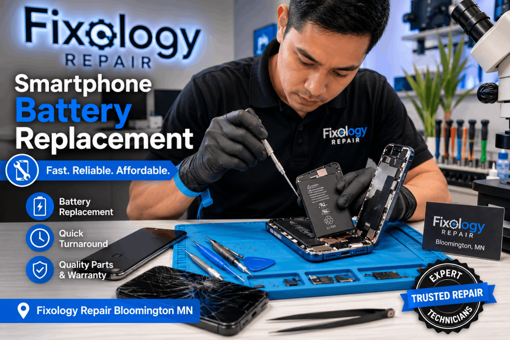 Smartphone Battery Replacement Bloomington MN technician repairing phone battery