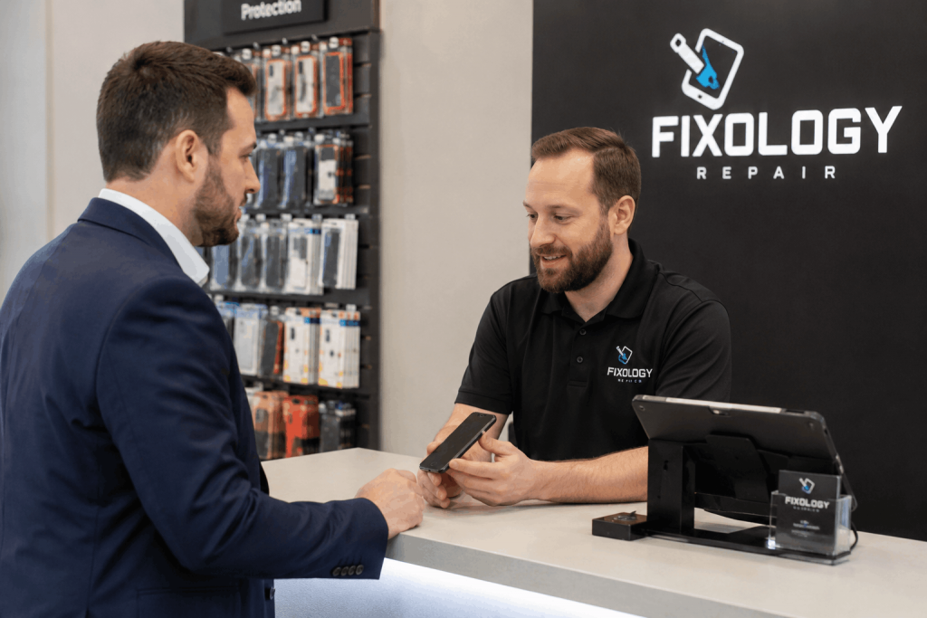 Smartphone screen repair Minneapolis MN business professional visiting Fixology Repair