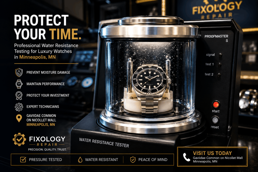 Luxury diver watch inside professional water resistance testing equipment
