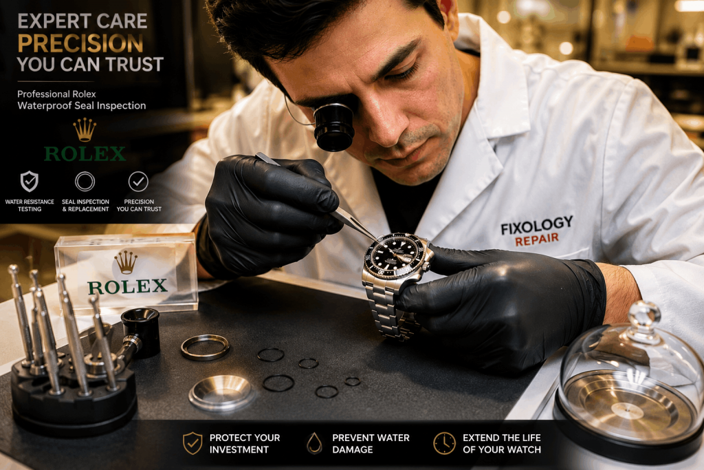 Technician inspecting Rolex waterproof seals