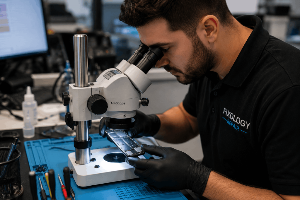Technician inspecting a smartphone under a microscope