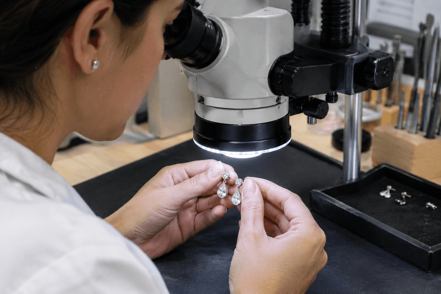 Earring and bracelet repair Minneapolis MN technician examining earringsHD ()