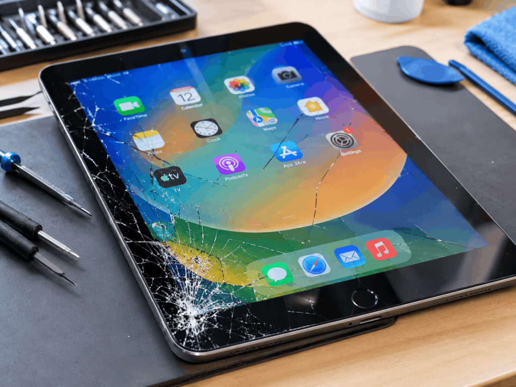 Tablet and iPad repair in Bloomington MN with a technician carefully working on a tablet using precision repair tools.
