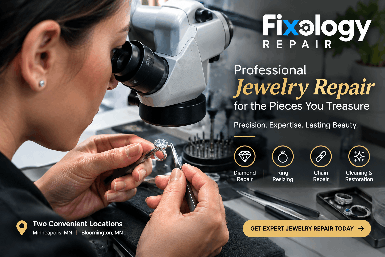 Jewelry technician examining a diamond under high-powered magnification at a professional repair workstation.